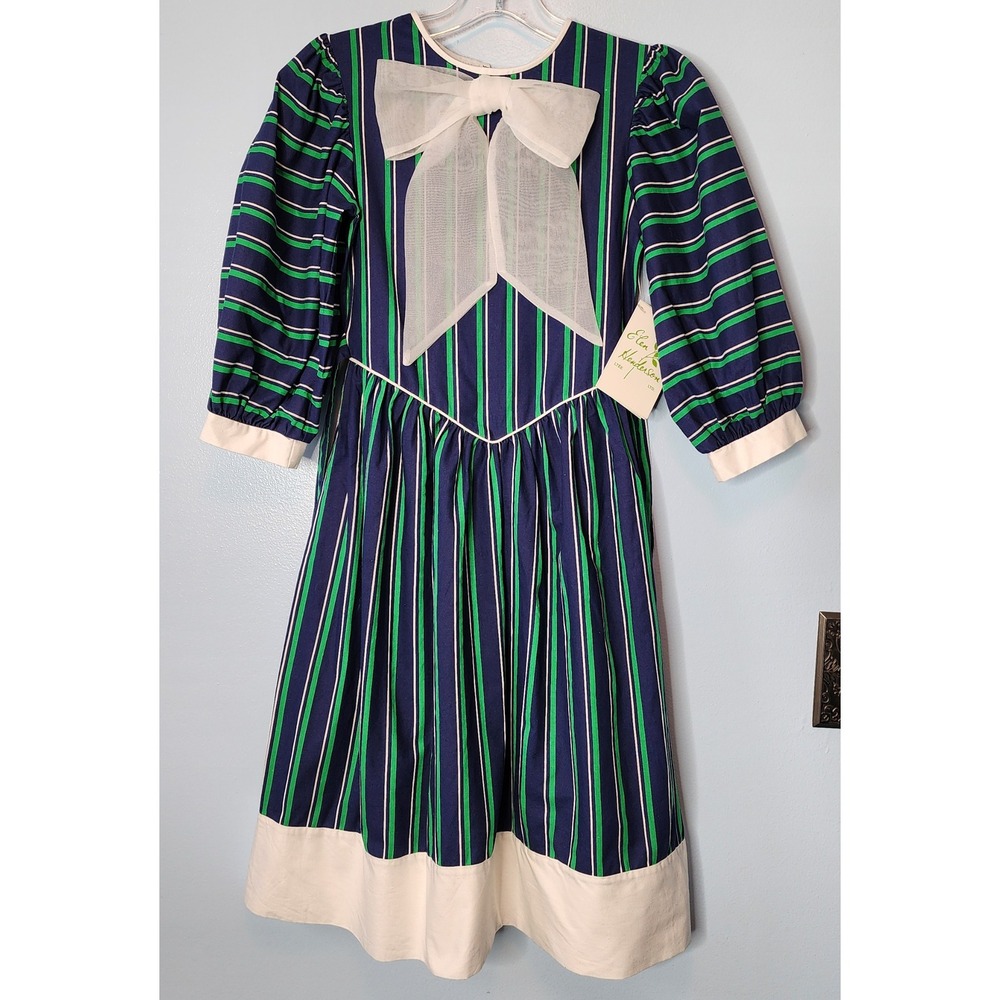 Elen Henderson Vintage Striped Dress Kids Size 8 Navy Blue Green NWT Bow Retro